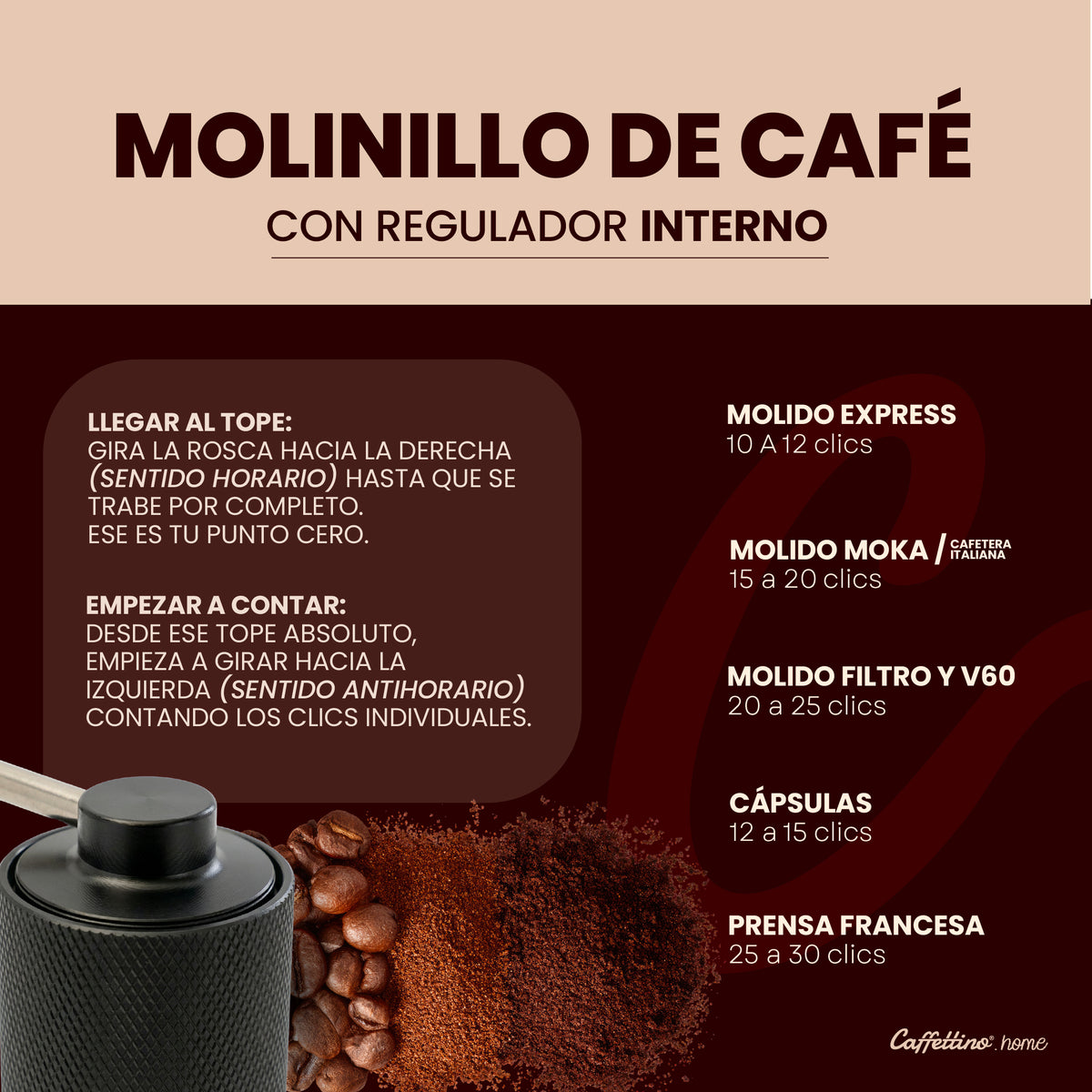 Molinillo manual Caffettino con sistema de regulación interna.