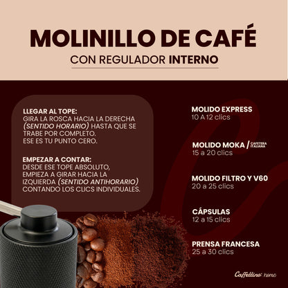 Molinillo manual Caffettino con sistema de regulación interna.